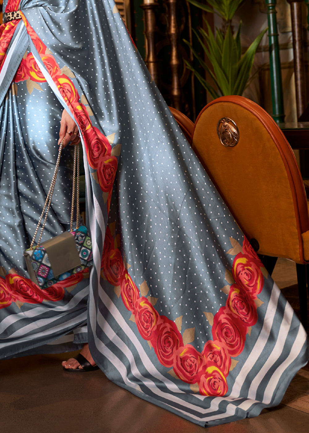 Shadow Grey and Red Printed Satin Silk Saree