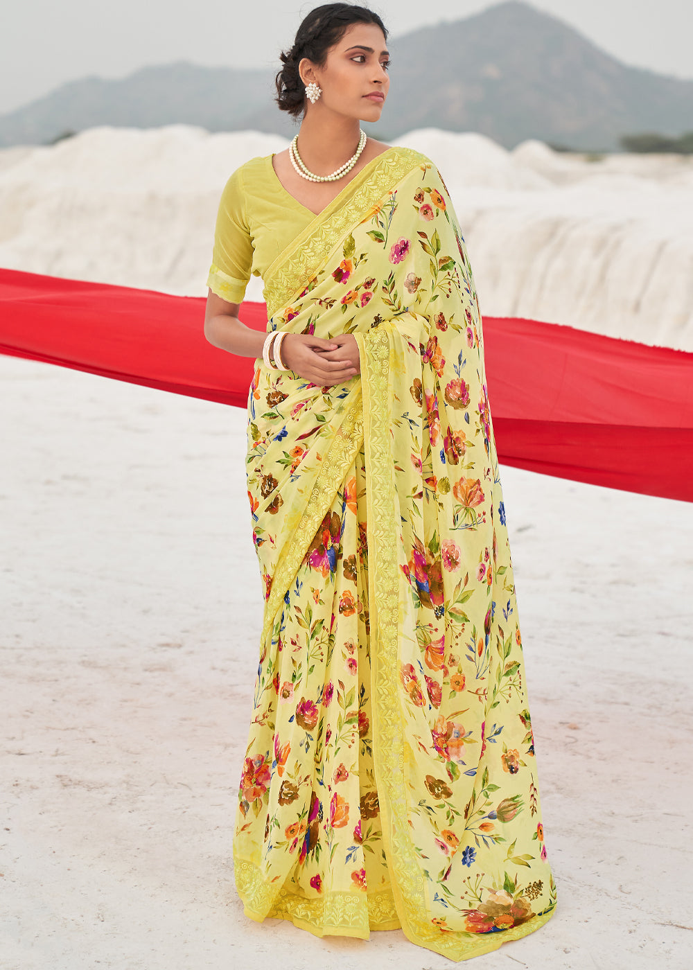 Flax Yellow Digital Printed Chiffon Saree