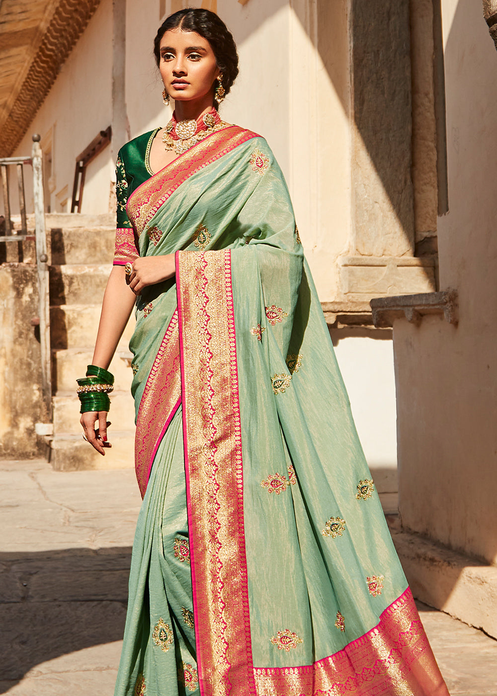 Swamp Green and Pink Zari Woven Designer Banarasi Saree