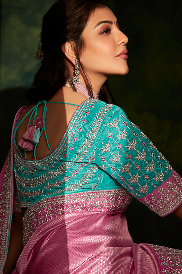 Shimmering Pink and Blue South Silk Saree