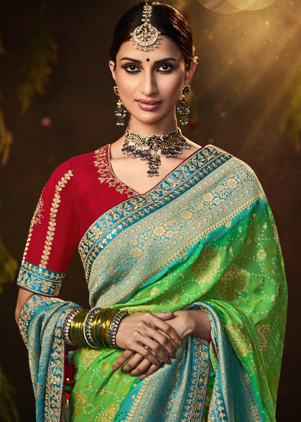 Chelsea Cucumber Green Woven Georgette Designer Saree with Embroidered Blouse