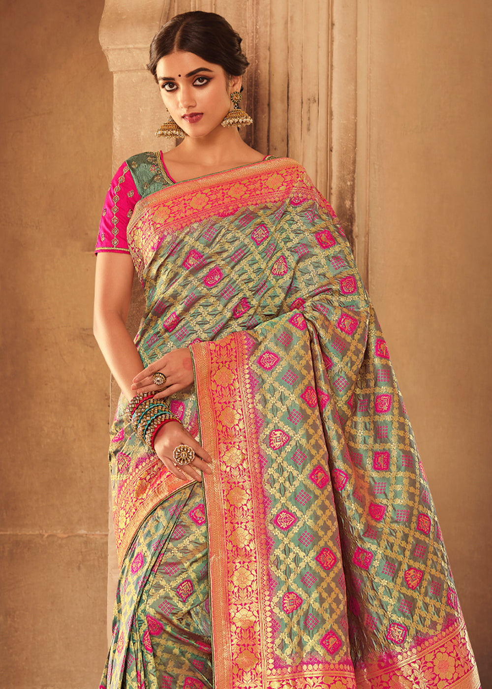 Taupe Grey and Pink Zari Woven Banarasi Saree with Designer Blouse