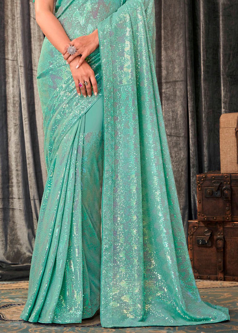 Sheen Blue Sequins Embroidered Designer Georgette Saree