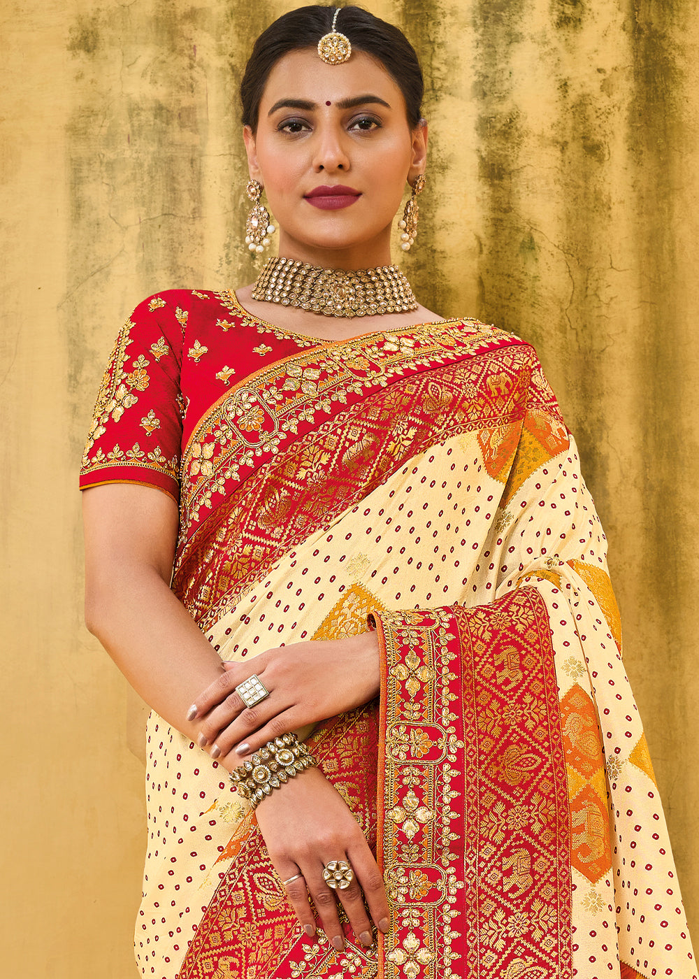 Banana Cream and Red Embroidered Dola Silk Saree