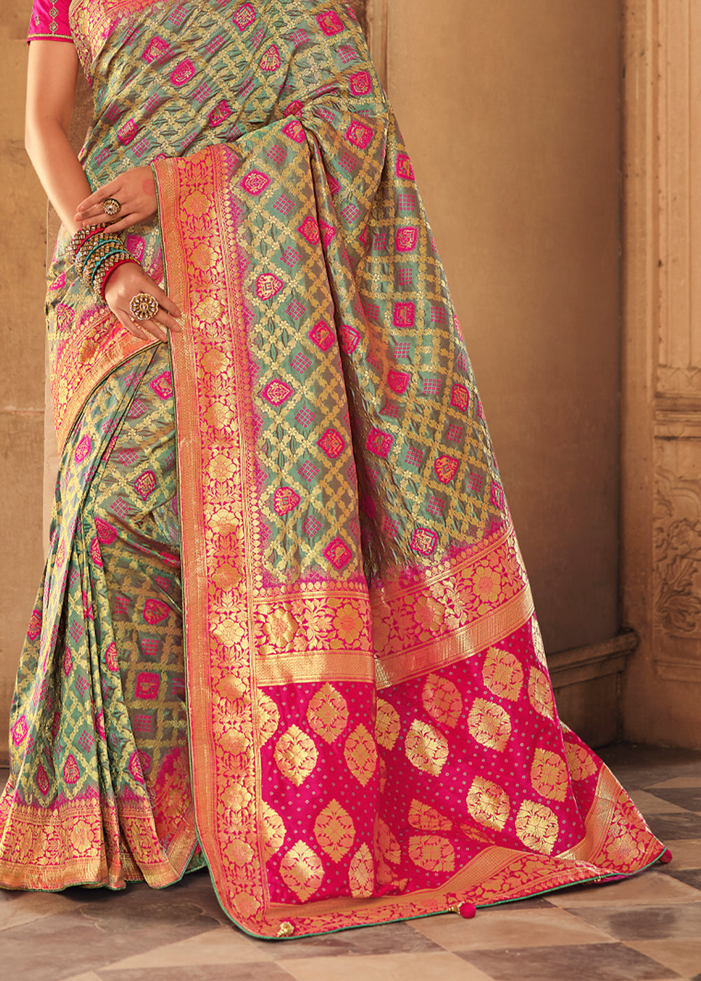 Taupe Grey and Pink Zari Woven Banarasi Saree with Designer Blouse