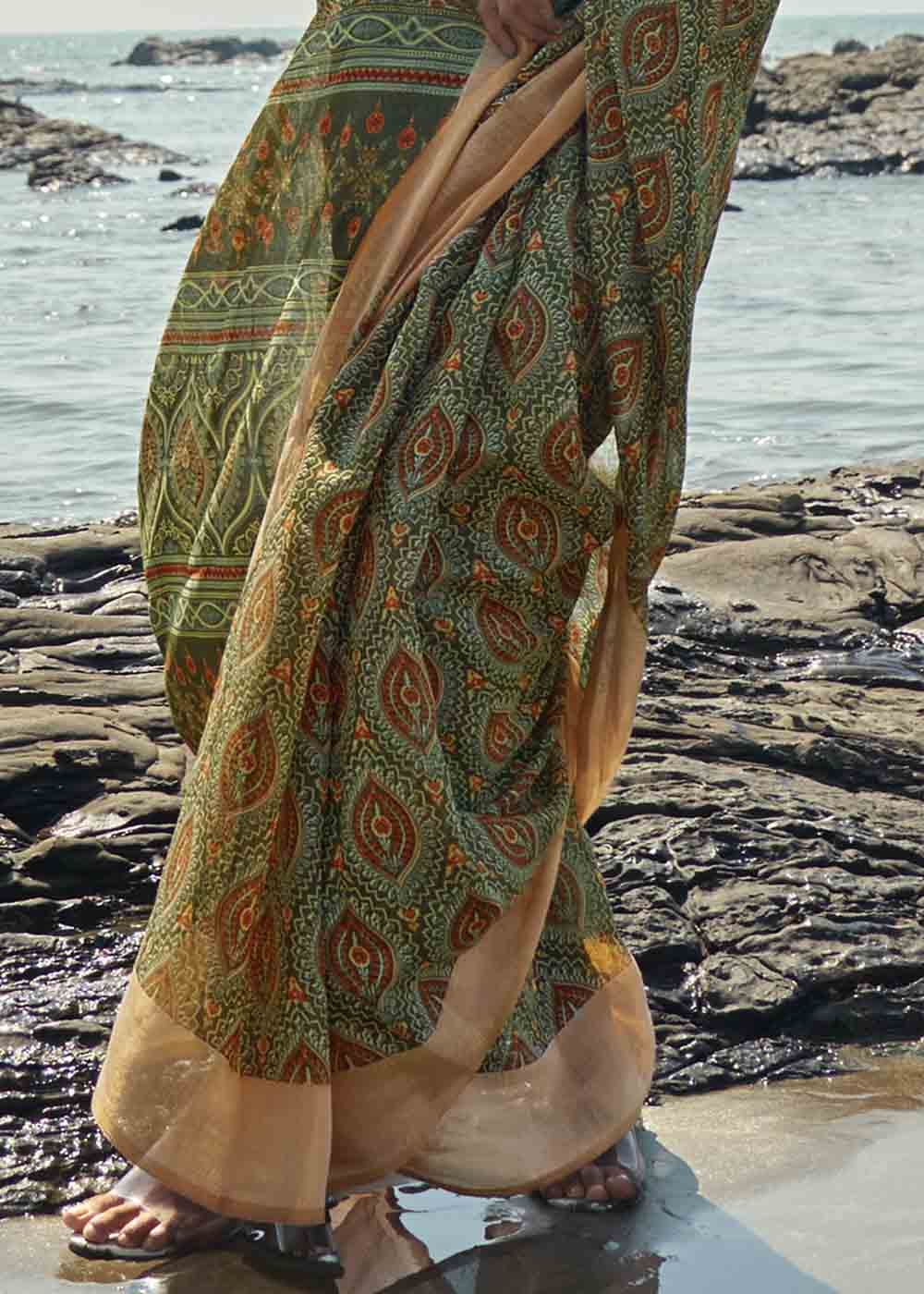 Misty Green Printed Cotton Saree