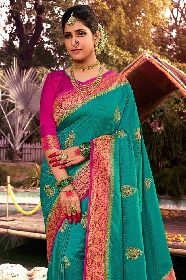 Paradiso Blue and Pink Zari Woven Kanjivaram Saree