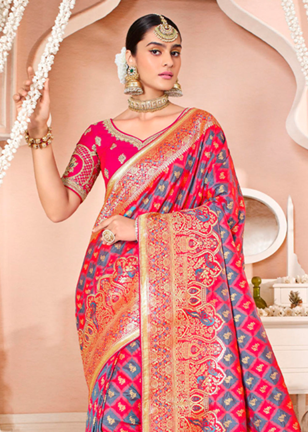 Rose Pink Zari Woven Banarasi Saree with Designer Blouse