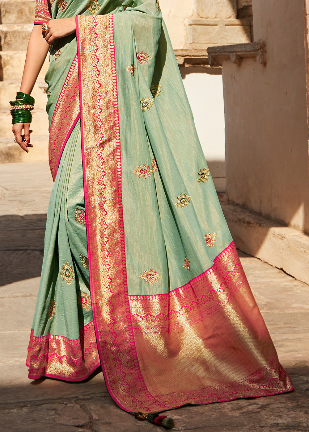 Swamp Green and Pink Zari Woven Designer Banarasi Saree