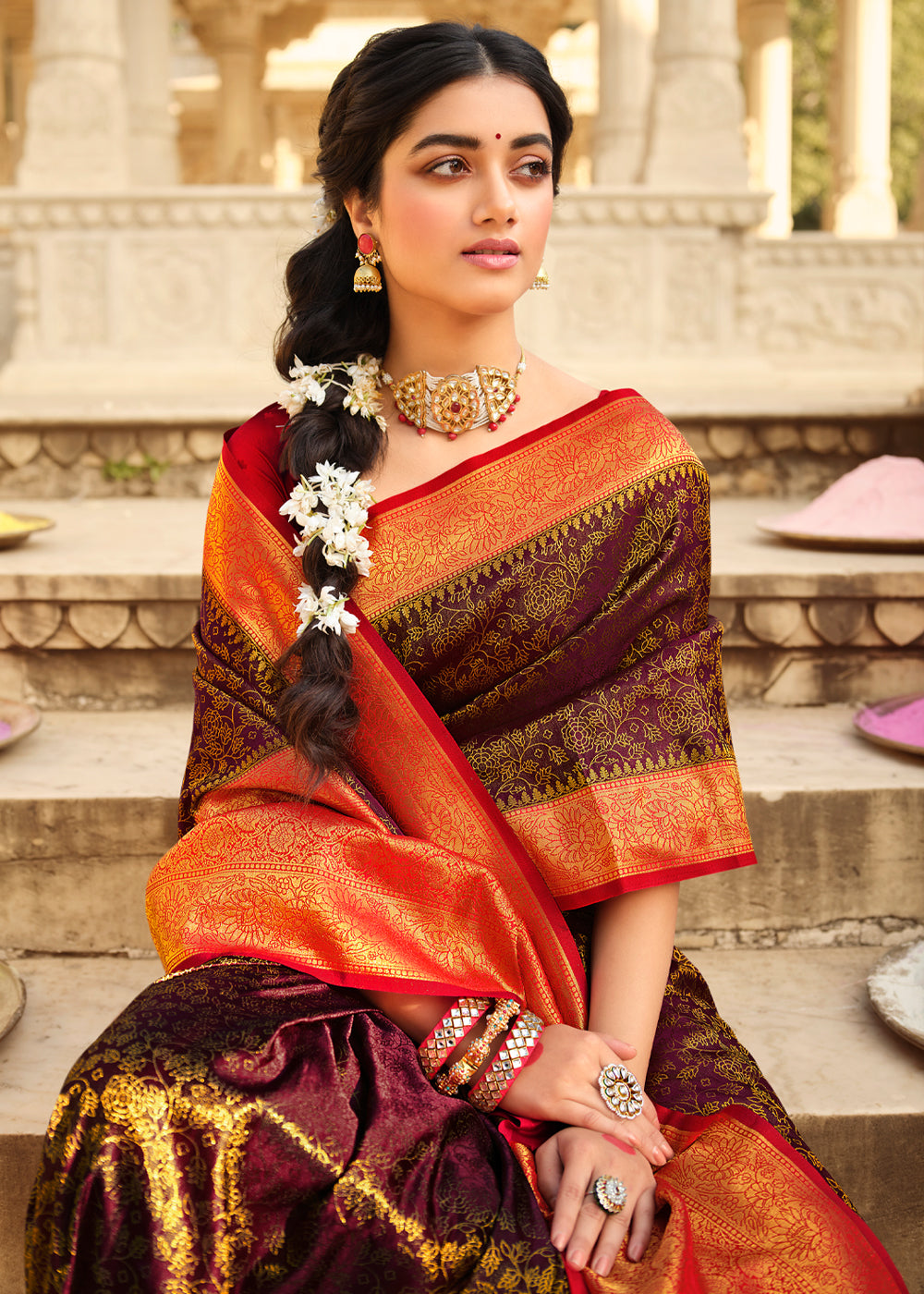 Rebel Brown and Red Zari Woven Kanjivaram Saree