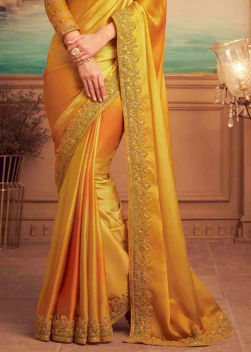 Ochre Yellow Embroidered Satin Silk Designer Saree