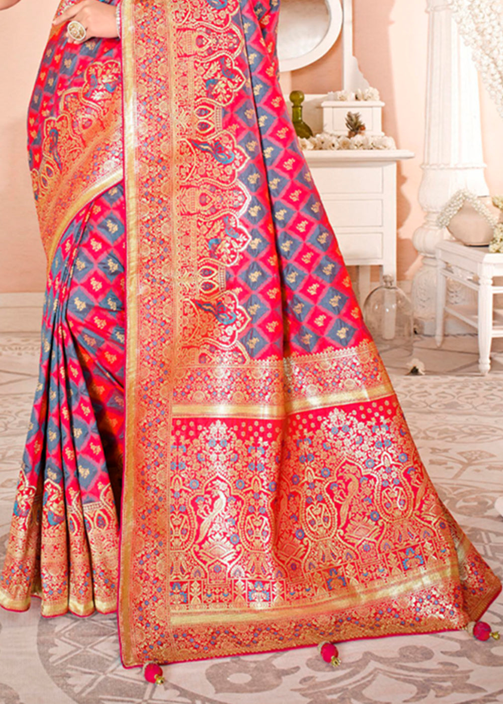 Rose Pink Zari Woven Banarasi Saree with Designer Blouse