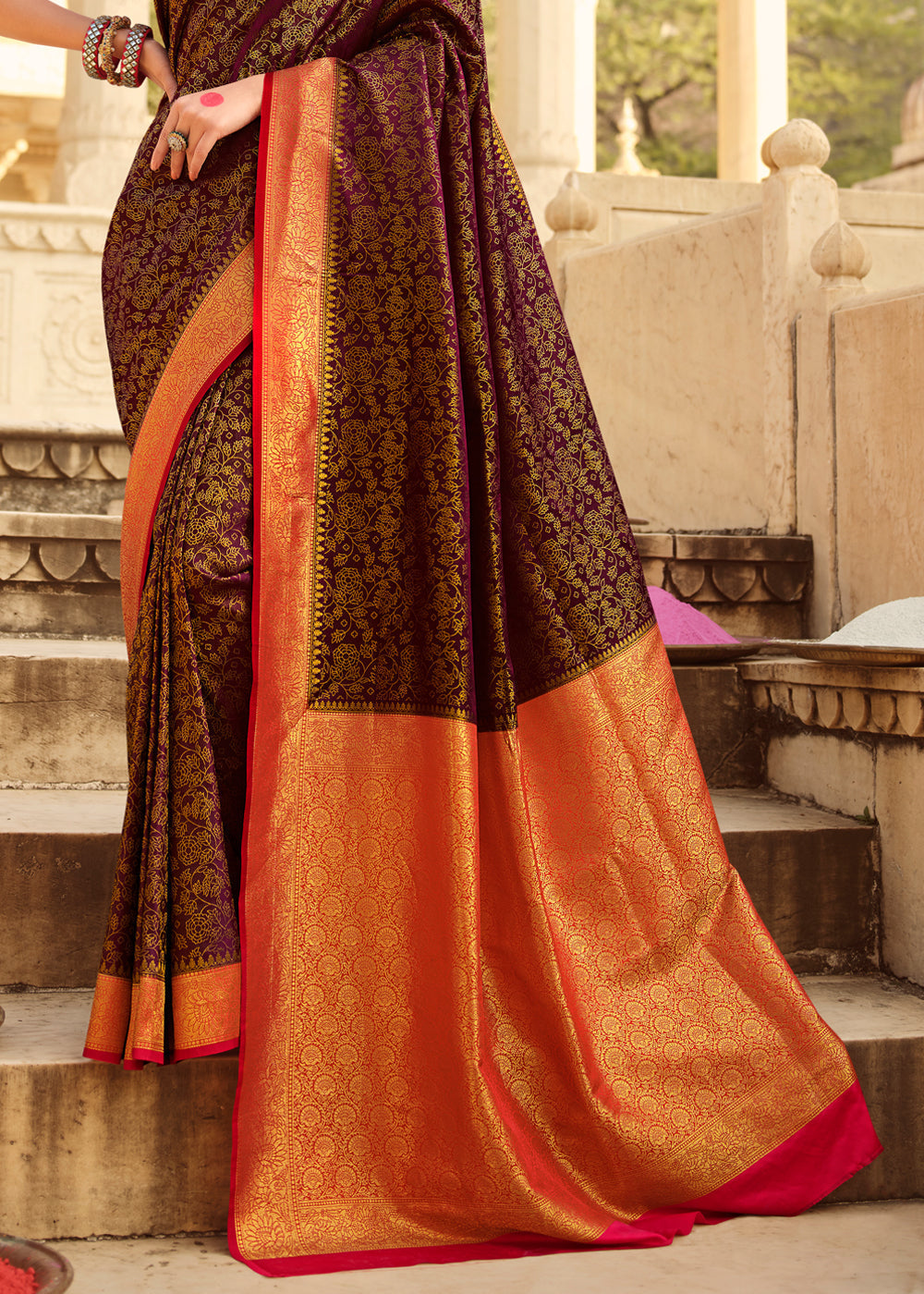 Rebel Brown and Red Zari Woven Kanjivaram Saree