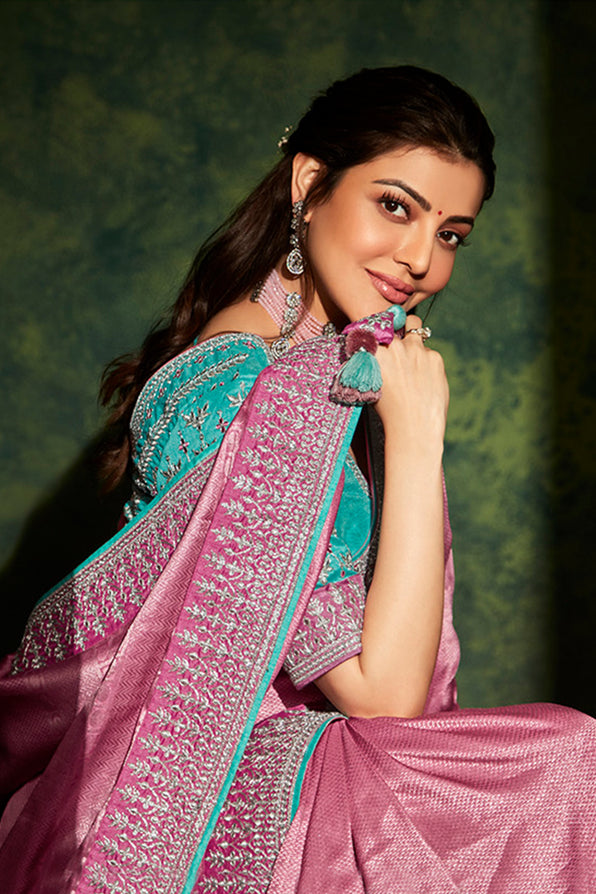 Shimmering Pink and Blue South Silk Saree