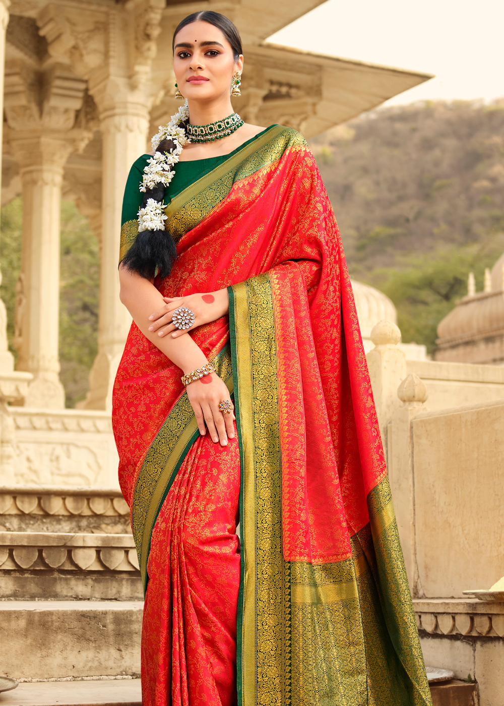 Flamingo Red and Green Zari Woven Kanjivaram Saree