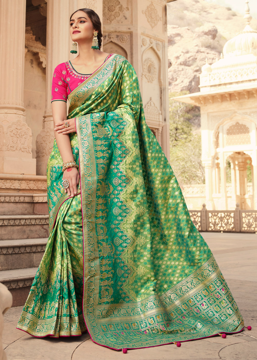 Amulet Green and Pink Zari Woven Banarasi Saree with Designer Blouse