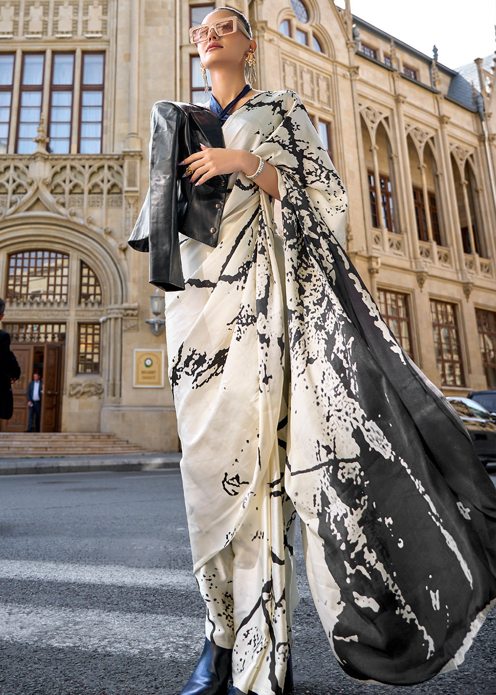 Iron White and Black Printed Satin Crepe Saree