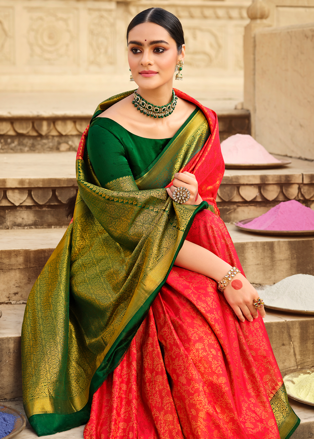 Flamingo Red and Green Zari Woven Kanjivaram Saree