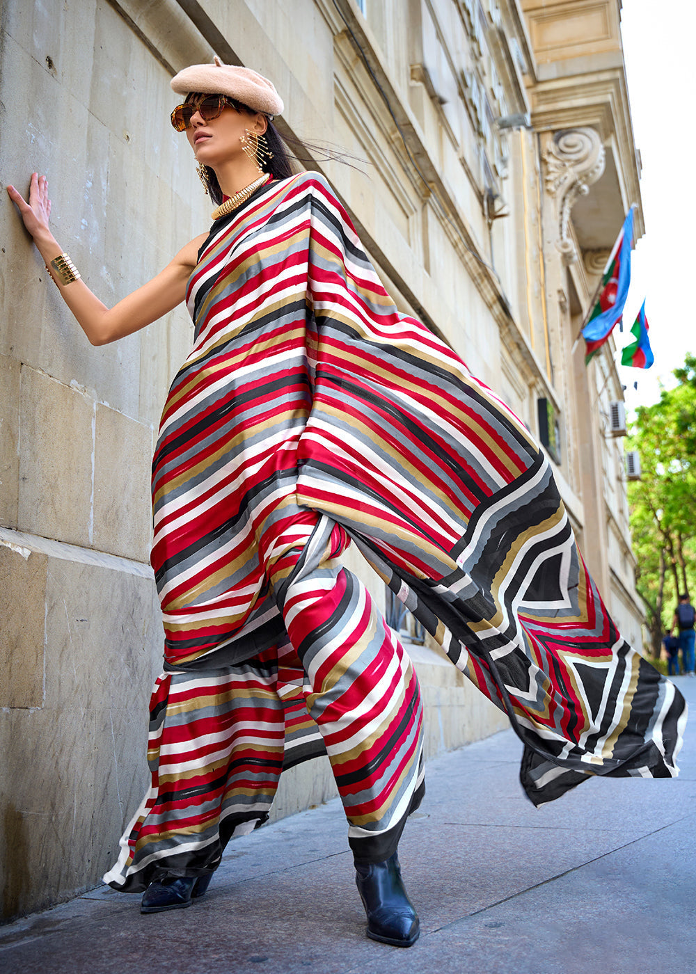 Cardinal Red and Black Printed Satin Crepe Sarees