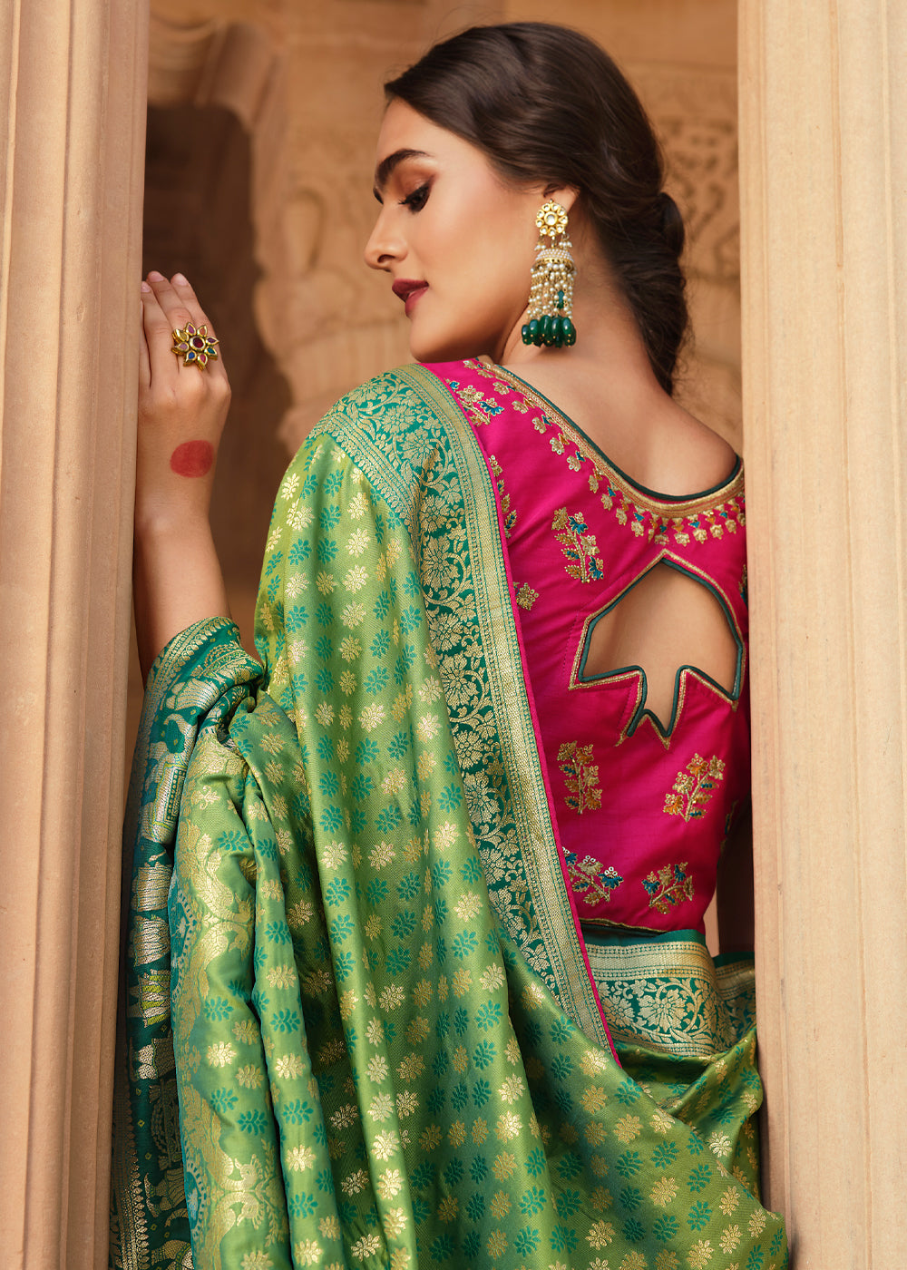 Amulet Green and Pink Zari Woven Banarasi Saree with Designer Blouse