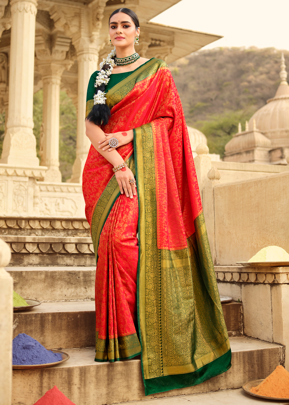 Flamingo Red and Green Zari Woven Kanjivaram Saree