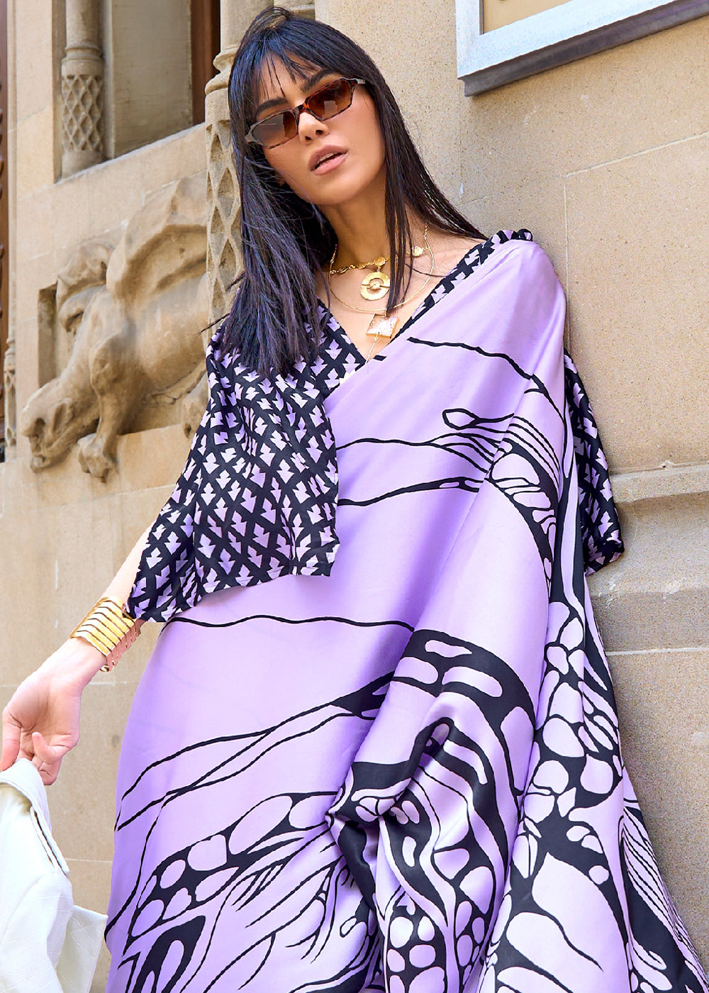 Purple Bayoux Printed Satin Crepe Sarees