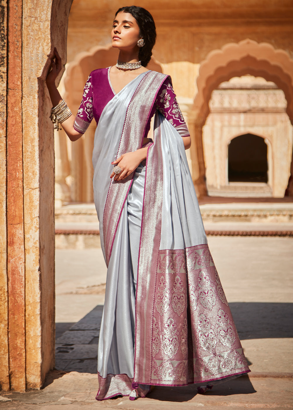 French Silver Grey and Purple Zari Woven Designer Banarasi Saree