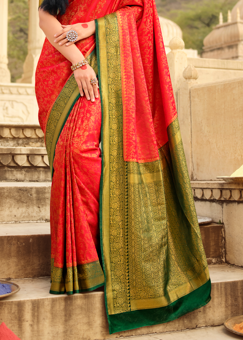 Flamingo Red and Green Zari Woven Kanjivaram Saree