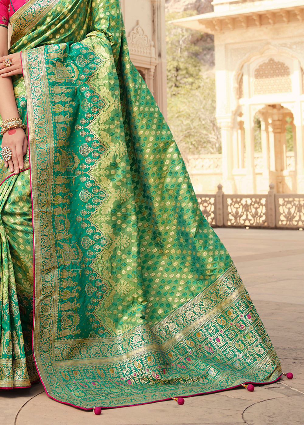 Amulet Green and Pink Zari Woven Banarasi Saree with Designer Blouse