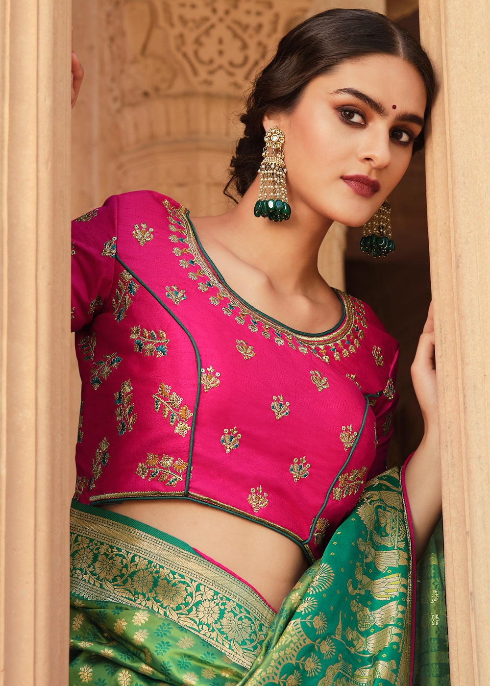 Amulet Green and Pink Zari Woven Banarasi Saree with Designer Blouse