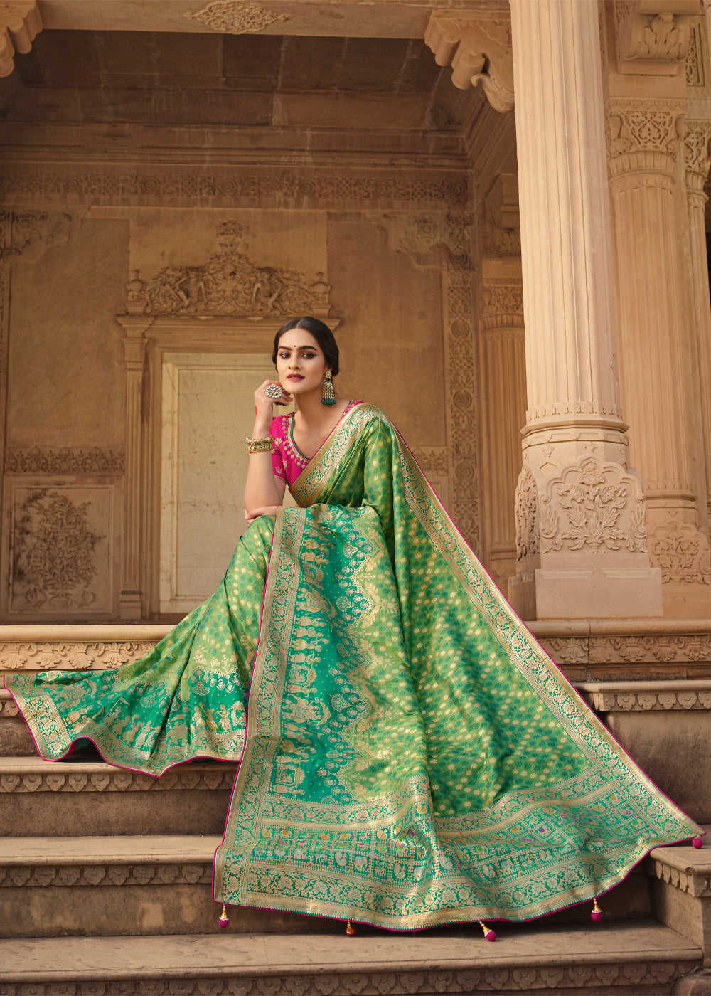 Amulet Green and Pink Zari Woven Banarasi Saree with Designer Blouse