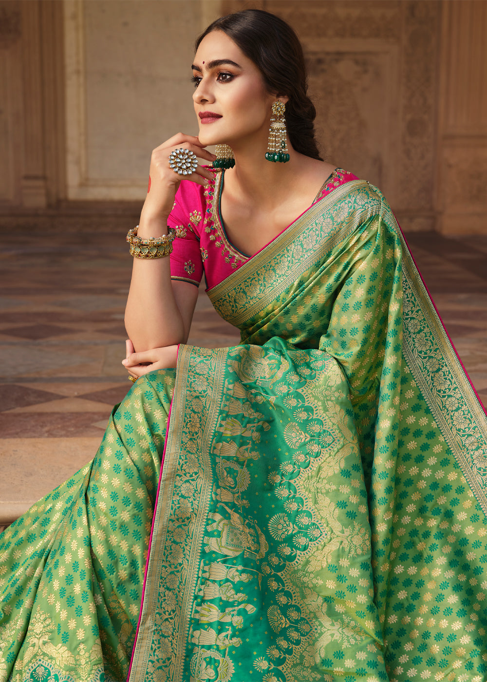 Amulet Green and Pink Zari Woven Banarasi Saree with Designer Blouse