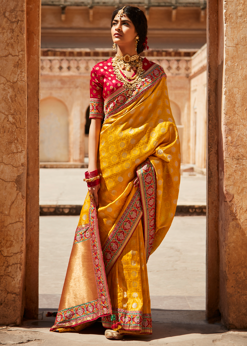 Golden Yellow and Red Zari Woven Designer Banarasi Saree