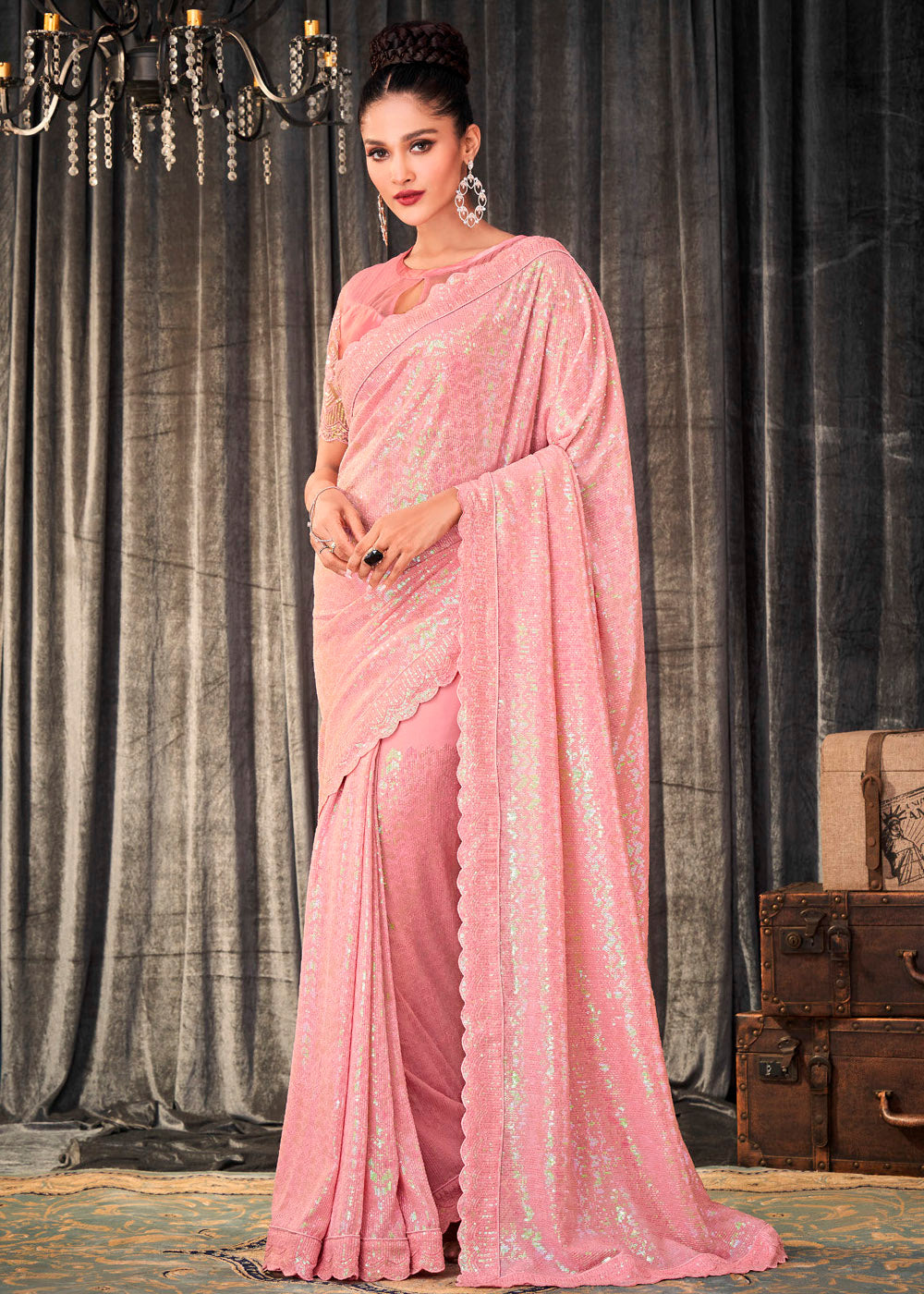 Bridal Heath Pink Sequins Embroidered Designer Georgette Saree