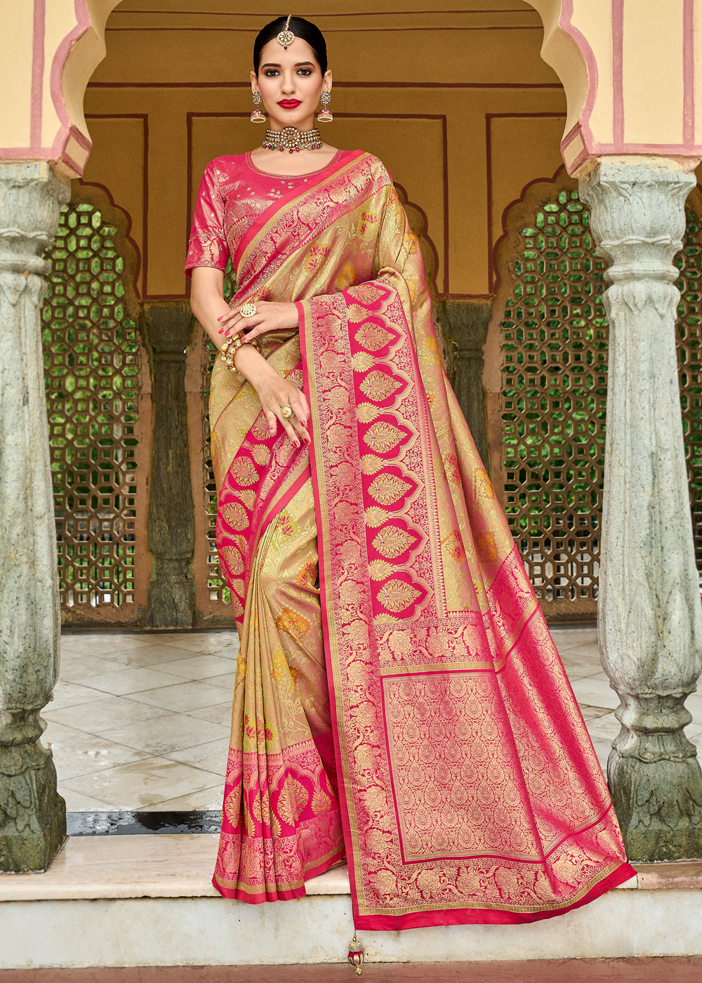 Butter Light Brown and Pink Designer Banarasi Saree