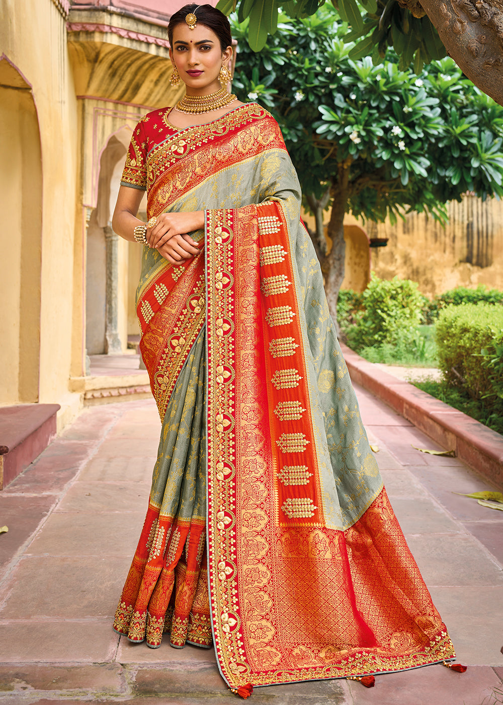 Clay Grey and Red Embroidered Dola Silk Saree