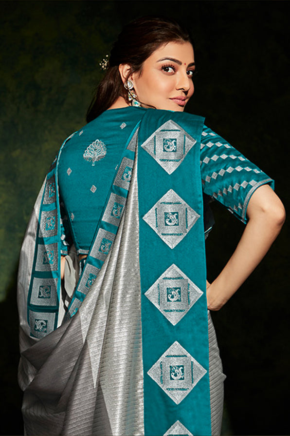 Bison Silver and Blue South Silk Saree