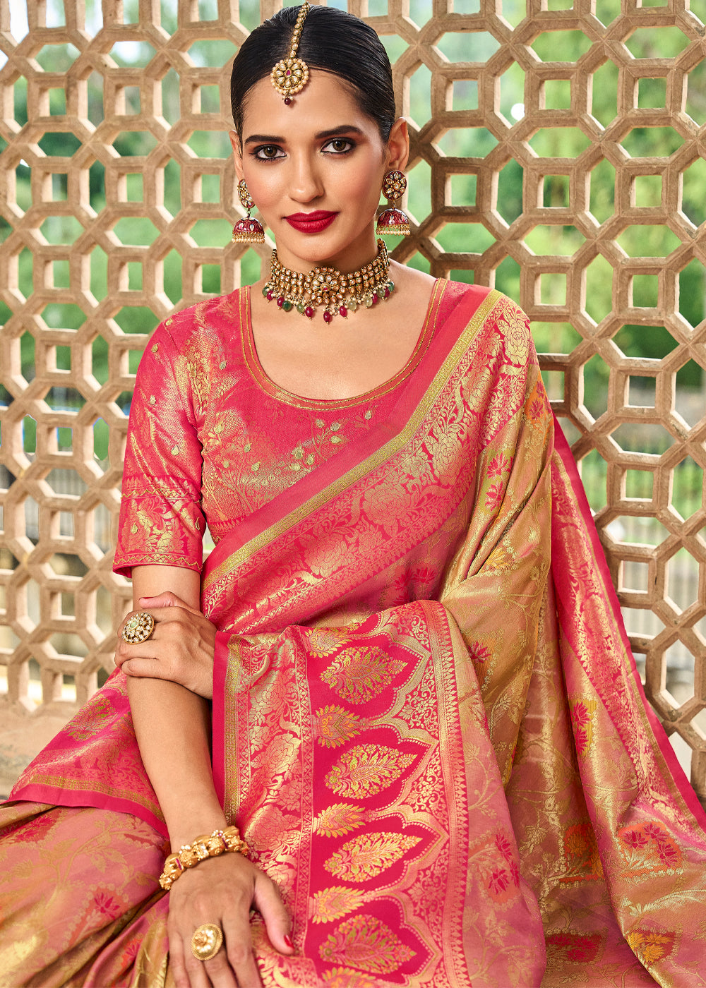 Butter Light Brown and Pink Designer Banarasi Saree