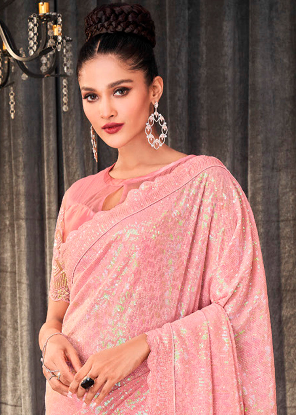 Bridal Heath Pink Sequins Embroidered Designer Georgette Saree