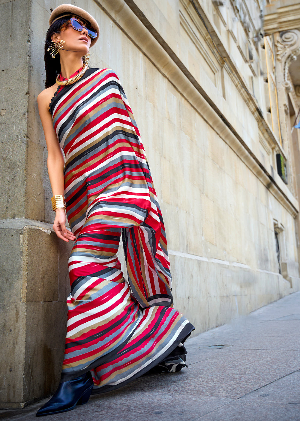 Cardinal Red and Black Printed Satin Crepe Sarees