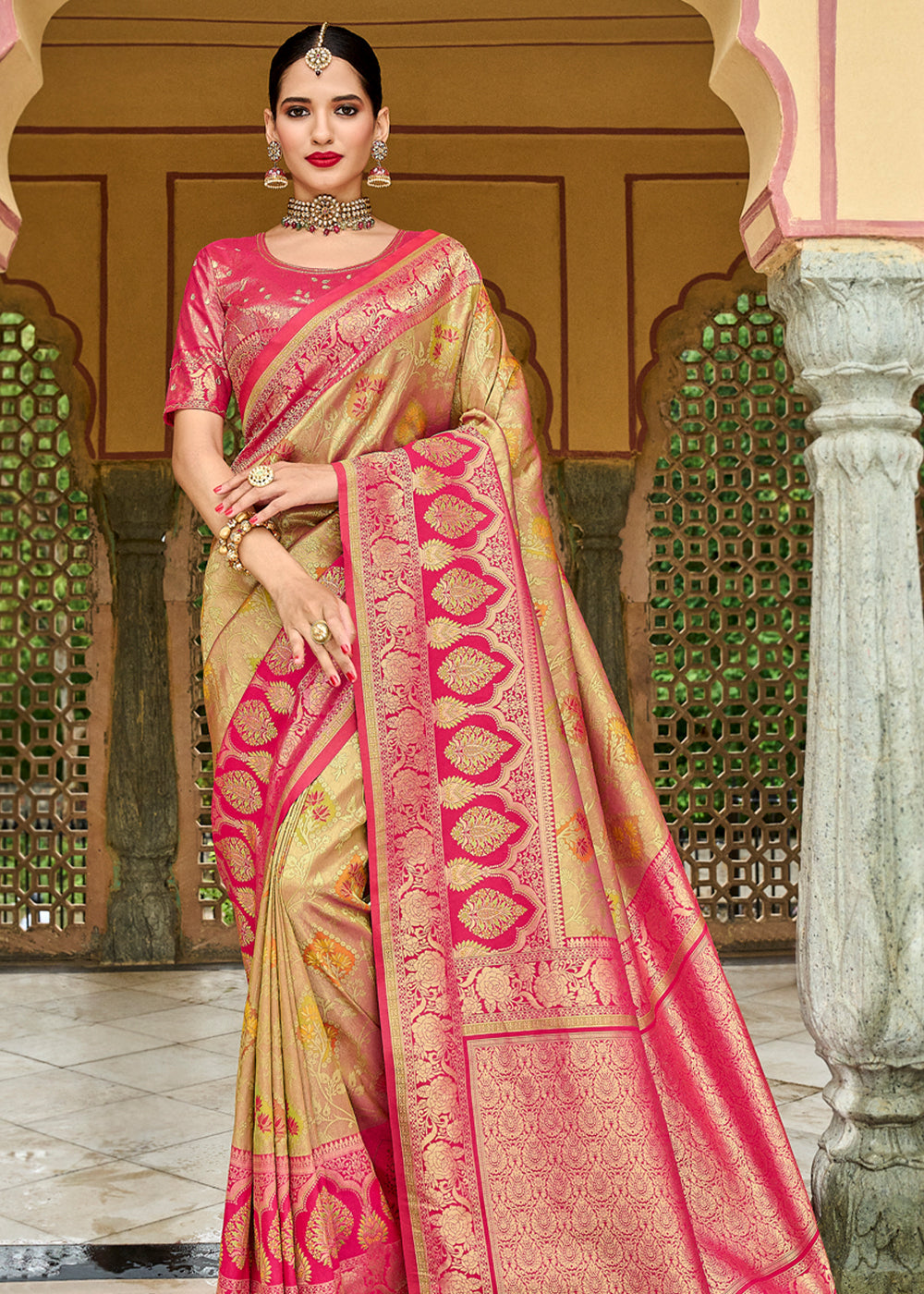 Butter Light Brown and Pink Designer Banarasi Saree