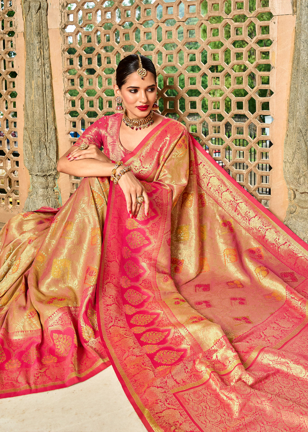 Butter Light Brown and Pink Designer Banarasi Saree