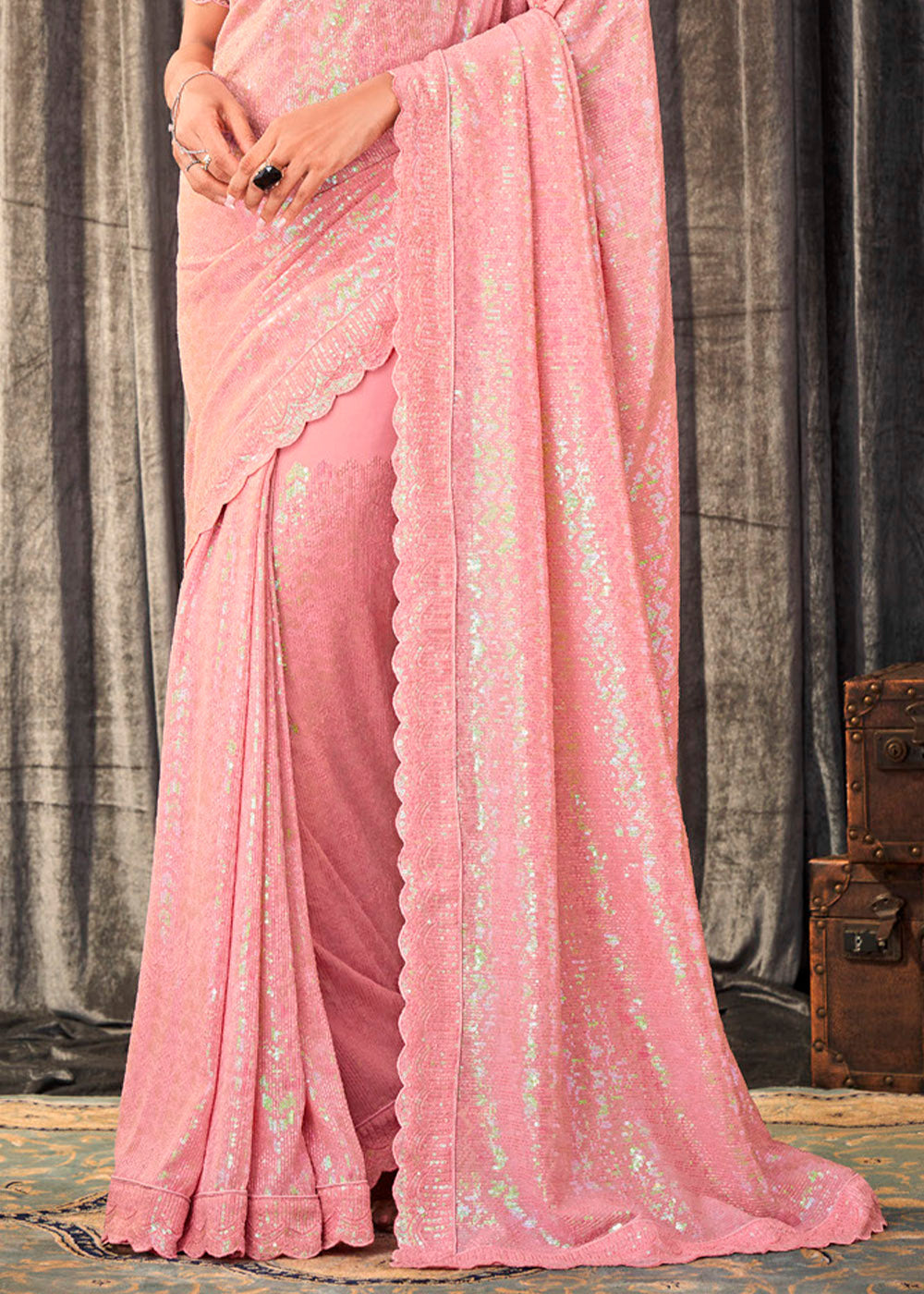 Bridal Heath Pink Sequins Embroidered Designer Georgette Saree