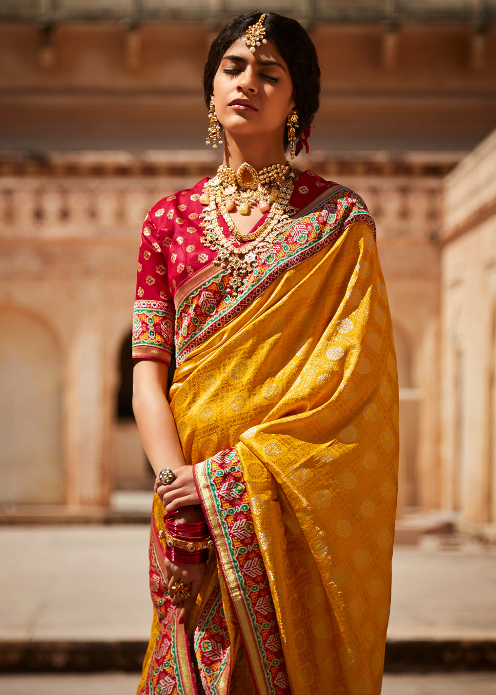 Golden Yellow and Red Zari Woven Designer Banarasi Saree