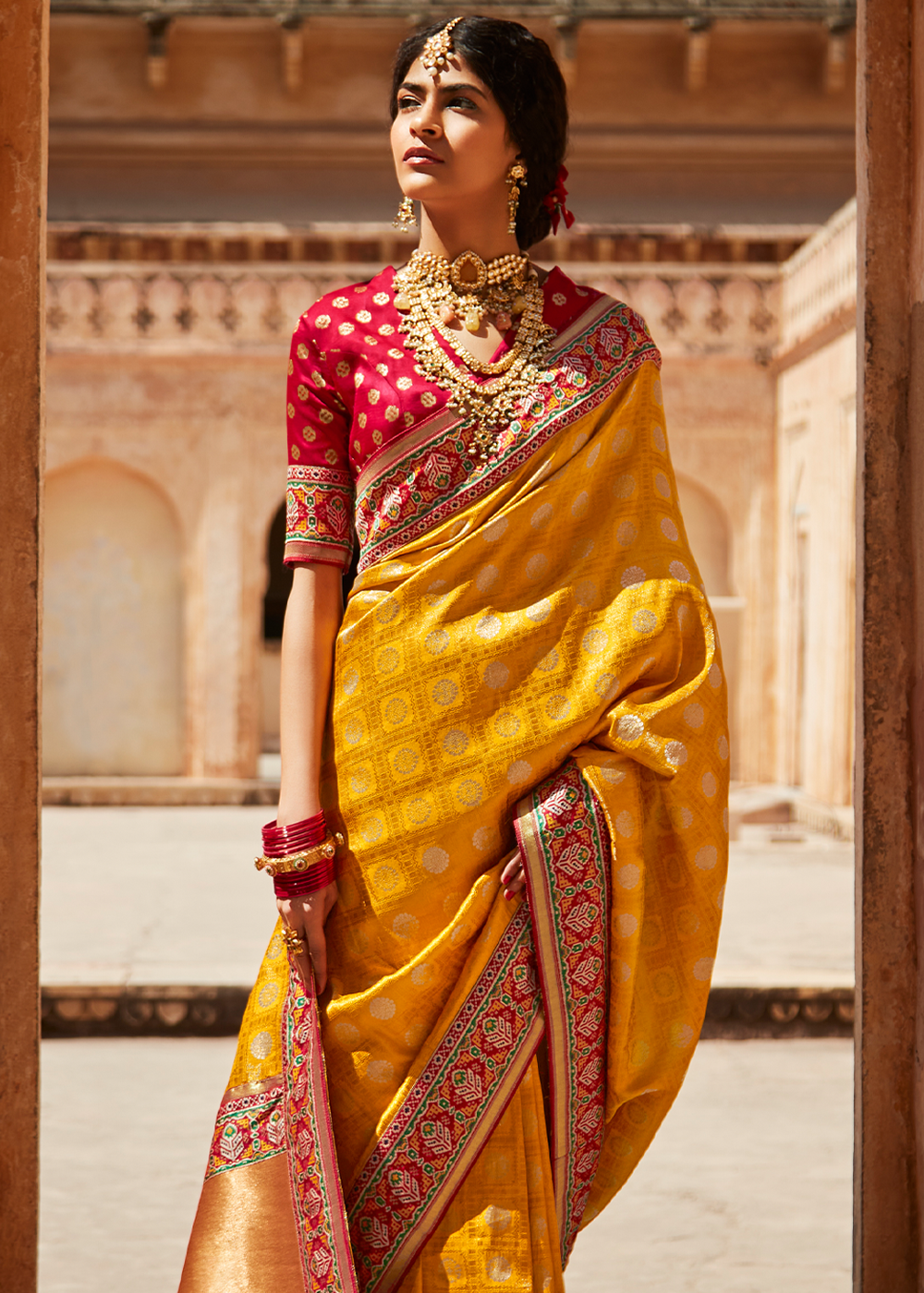 Golden Yellow and Red Zari Woven Designer Banarasi Saree