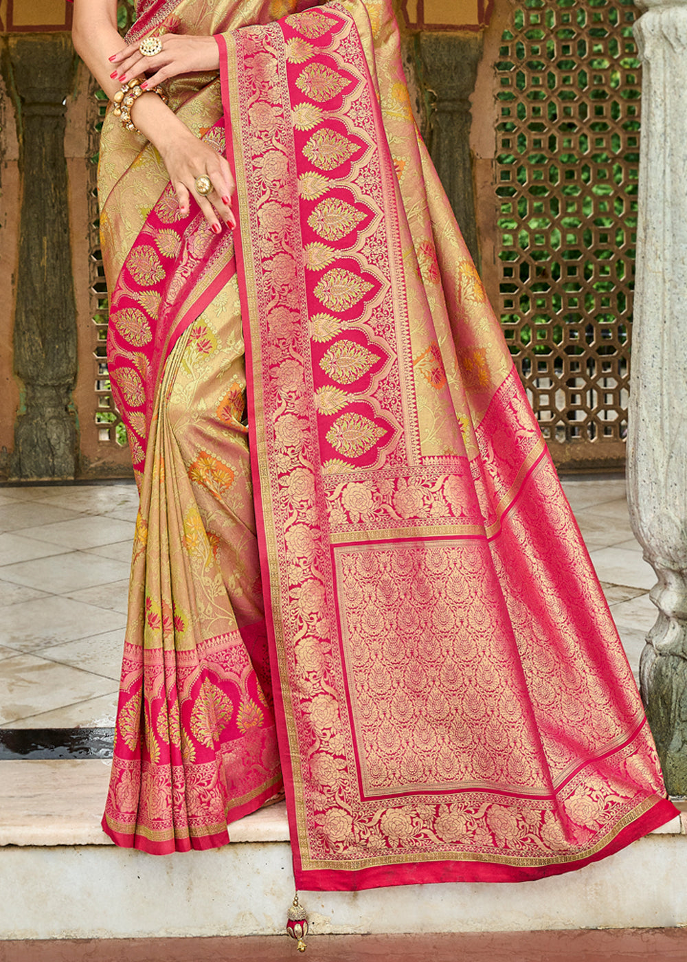 Butter Light Brown and Pink Designer Banarasi Saree