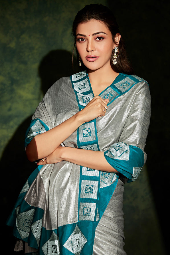 Bison Silver and Blue South Silk Saree