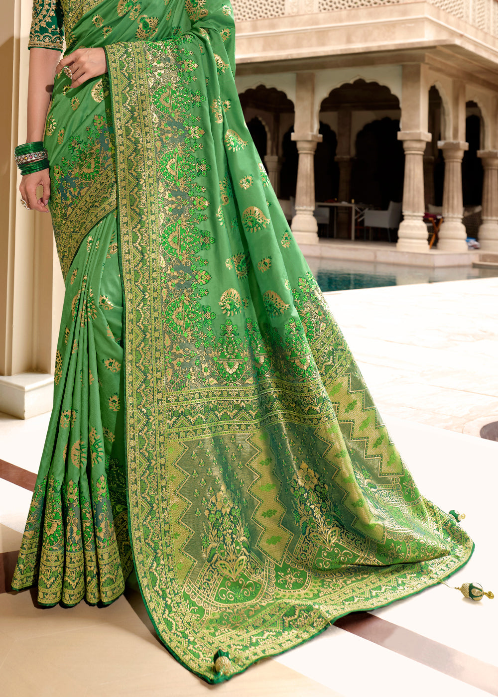 Aqua Green Woven Designer Banarasi Silk Saree