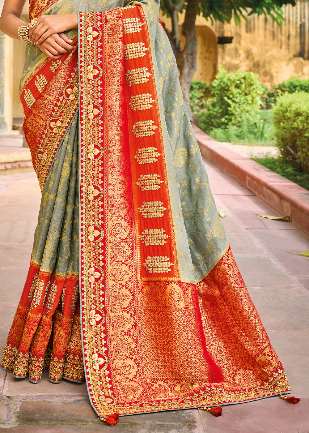 Clay Grey and Red Embroidered Dola Silk Saree