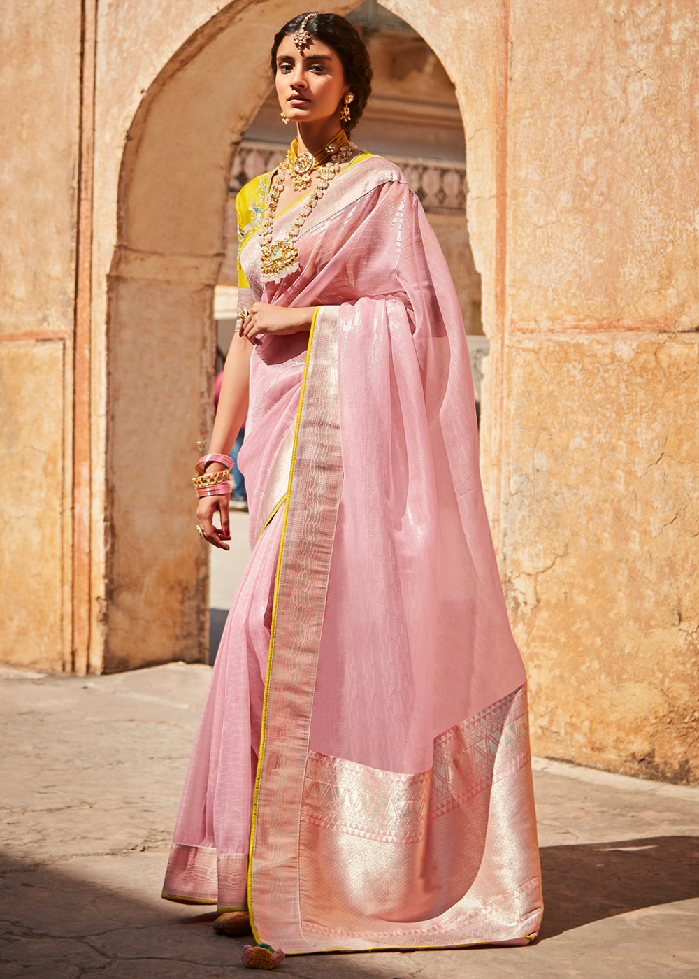 Shilo Pink and Yellow Zari Woven Designer Banarasi Saree